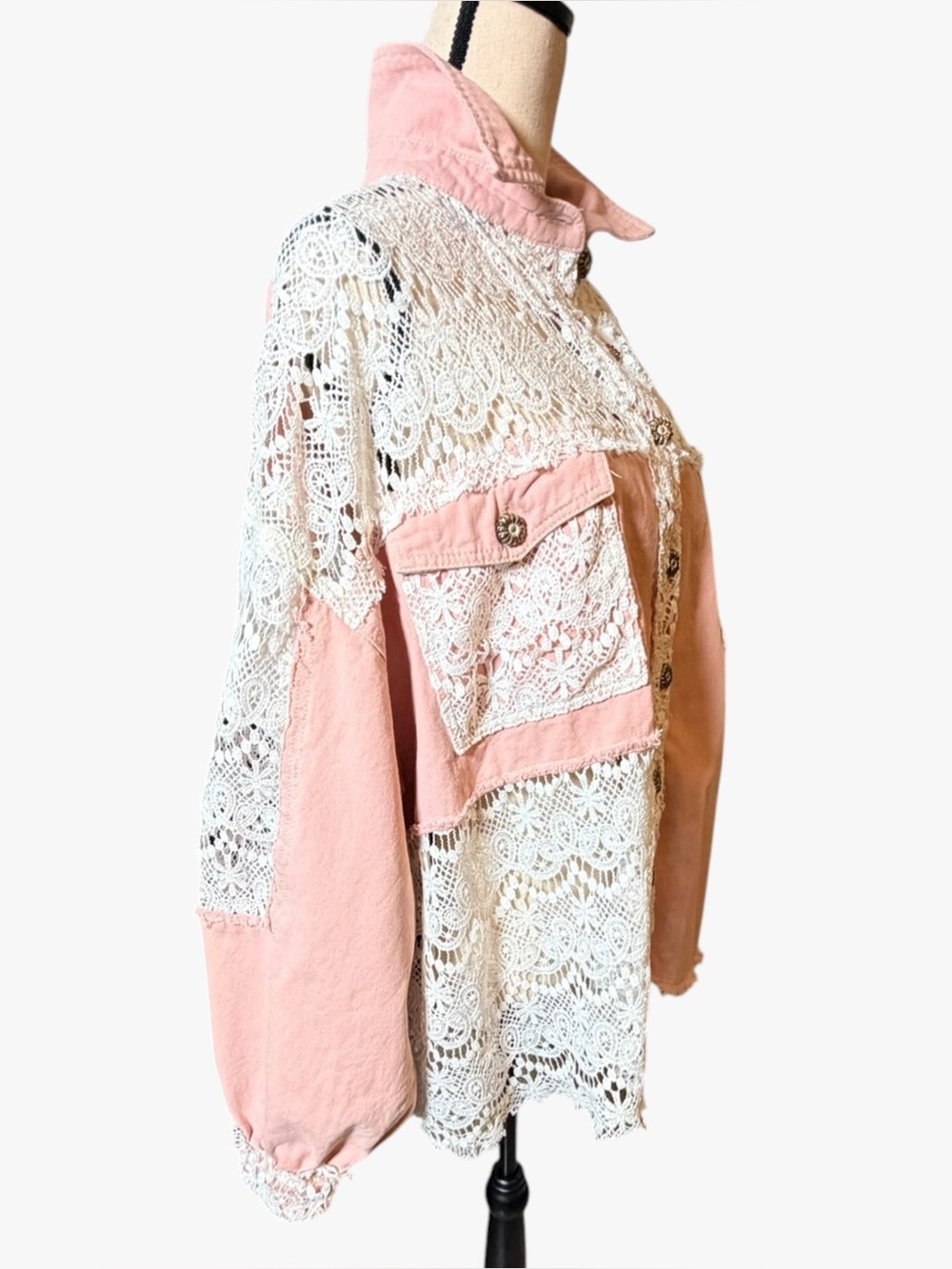POL Clothing Boho Mixed Lace Patchwork Denim Shacket Pink Size Large - Picture 5 of 12